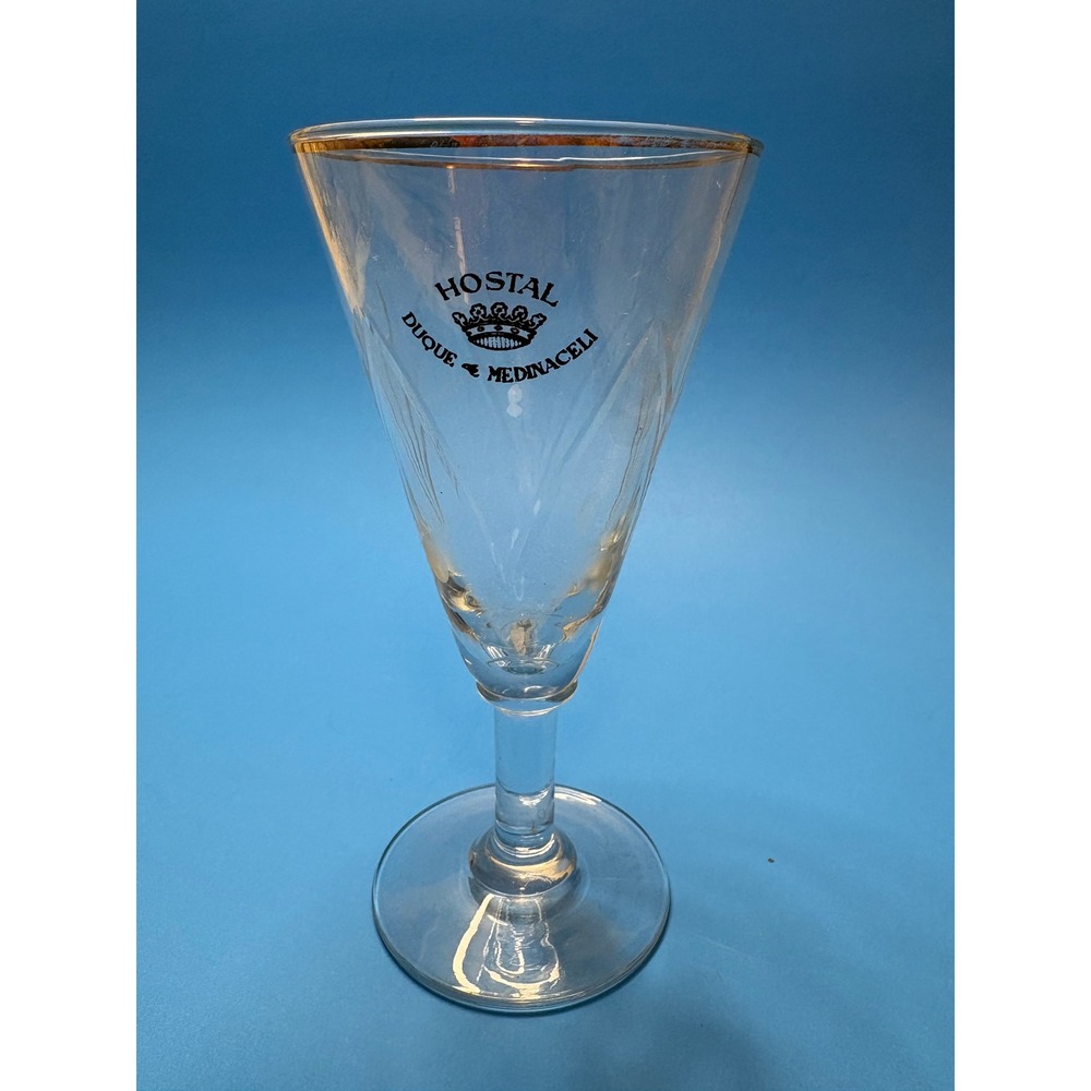 Hostal Duque de Medinaceli Vintage Souvenir Glass Gold Rim‎ Cut Glass Spain Stem